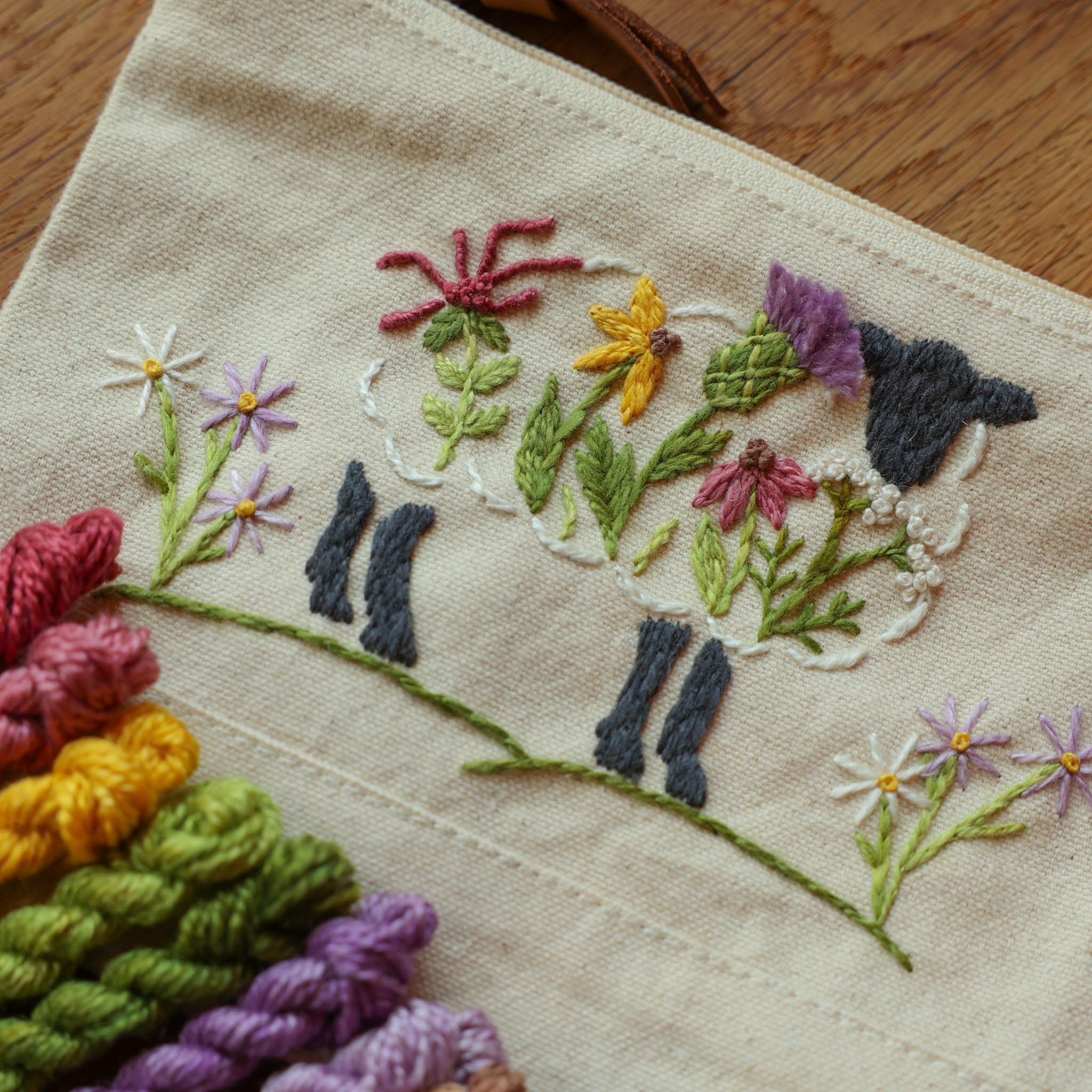 Floral Sheep Embroidered Notions Pouch